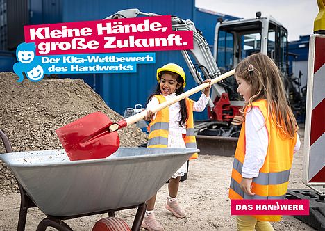 Kinder arbeiten auf einer Baustelle - Pressebild für den Kita-Wettbewerb des Handwerks