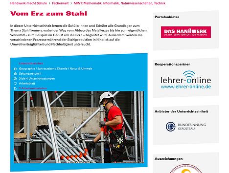 Screenshot aus dem Angebot der Bundesinnung auf "Handwerk macht Schule"